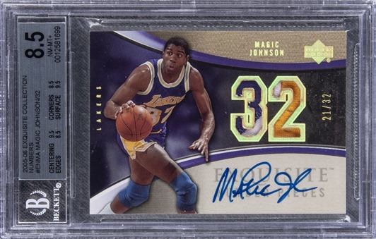 2005-06 UD "Exquisite Collection" Numbers #ENMA Magic Johnson Signed Game Used Patch Card (#21/32) - BGS NM-MT+ 8.5/BGS 10